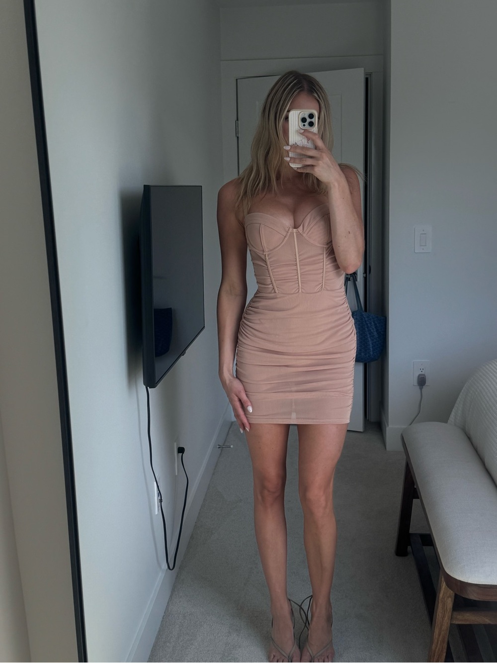 Oh Polly Nude Sheer Bodycon Mini Dress